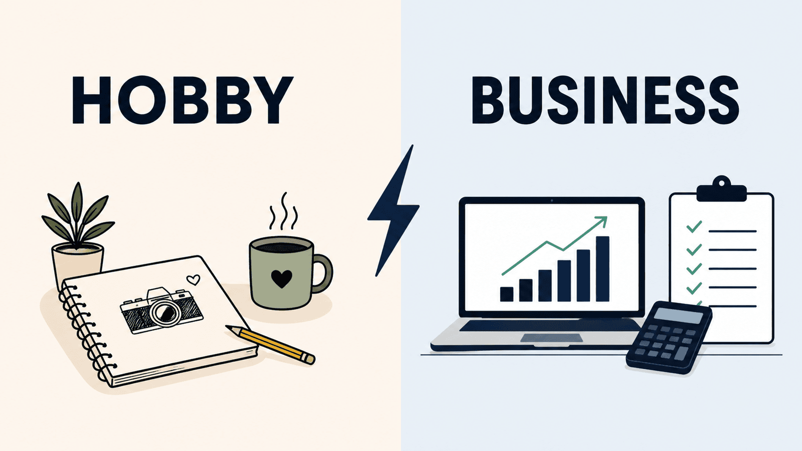Minimal split illustration showing a person painting under “Hobby” versus a briefcase with growth chart under “Business,” representing the difference between casual activities and income-driven, structured operations.