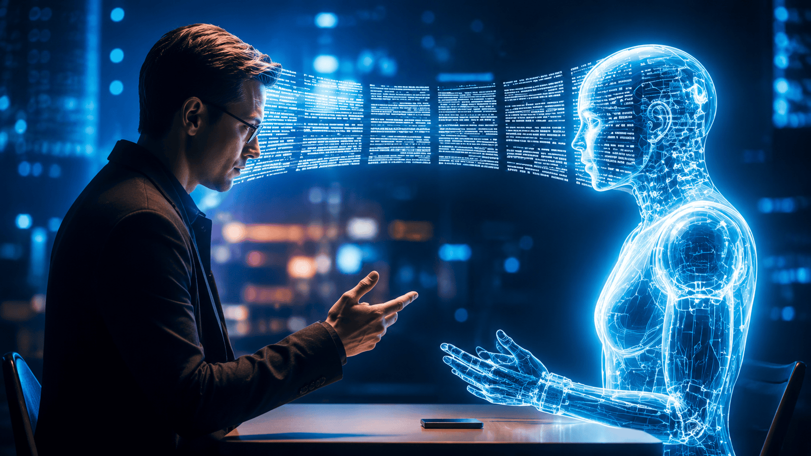 Business professional collaborating with a holographic AI assistant across a futuristic digital interface, illustrating how artificial intelligence supports entrepreneurial decision-making, automates repetitive work, and enhances business productivity rather than replacing business owners.