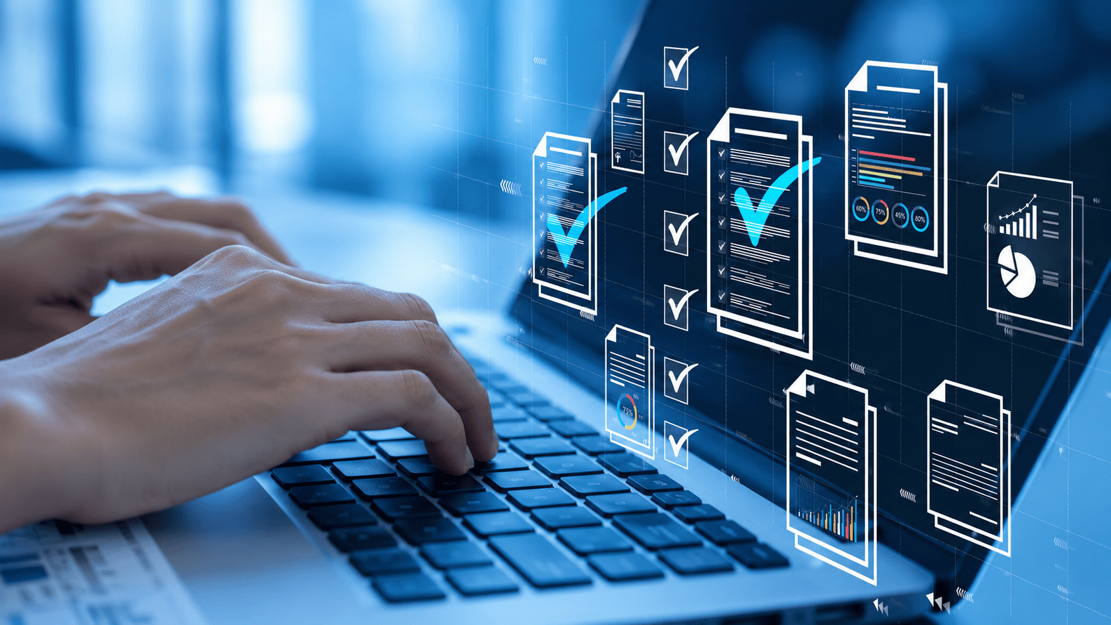 Close-up of hands typing on a laptop with digital workflow icons, checklists, and automated document processes, illustrating how business systems create consistency, improve efficiency, and support scalable business operations.