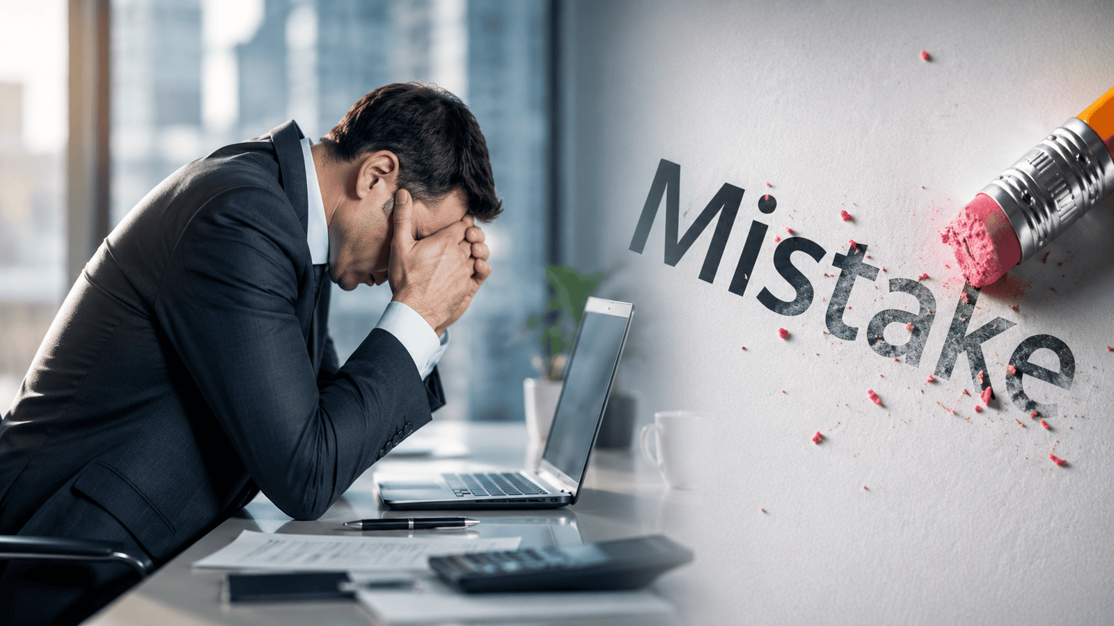 Stressed business owner sitting at a desk beside a laptop while the word "Mistake" is being erased, representing common business mistakes that result from poor systems, inconsistent processes, and reactive decision-making.