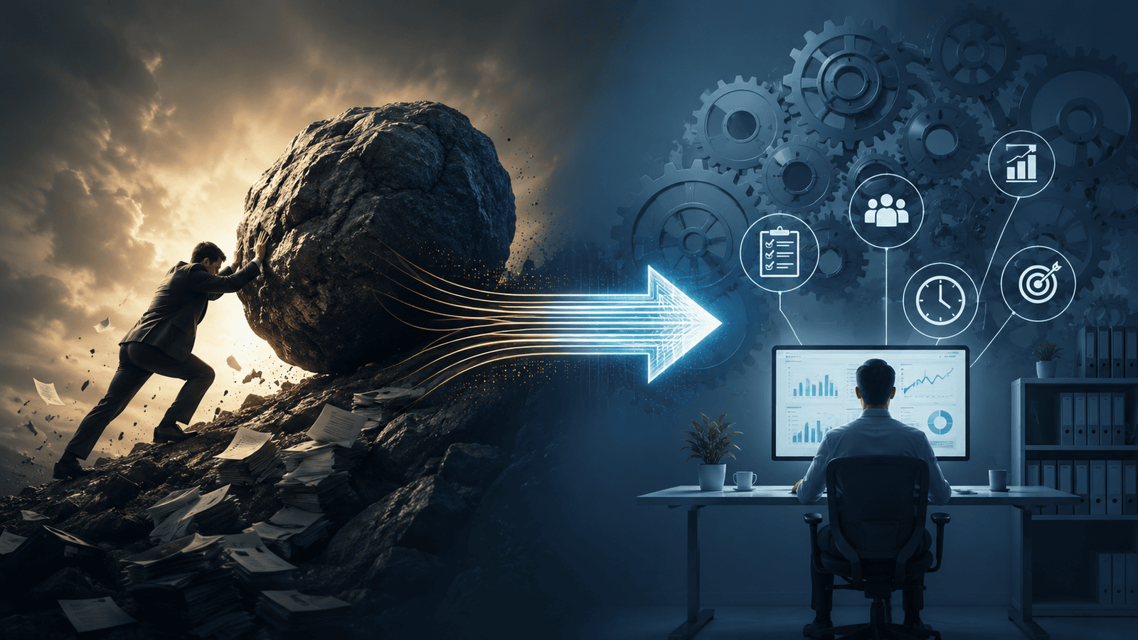 Conceptual illustration showing a business owner pushing a massive boulder toward an organized, system-driven workplace, representing the shift from founder heroics to scalable business systems and sustainable growth.