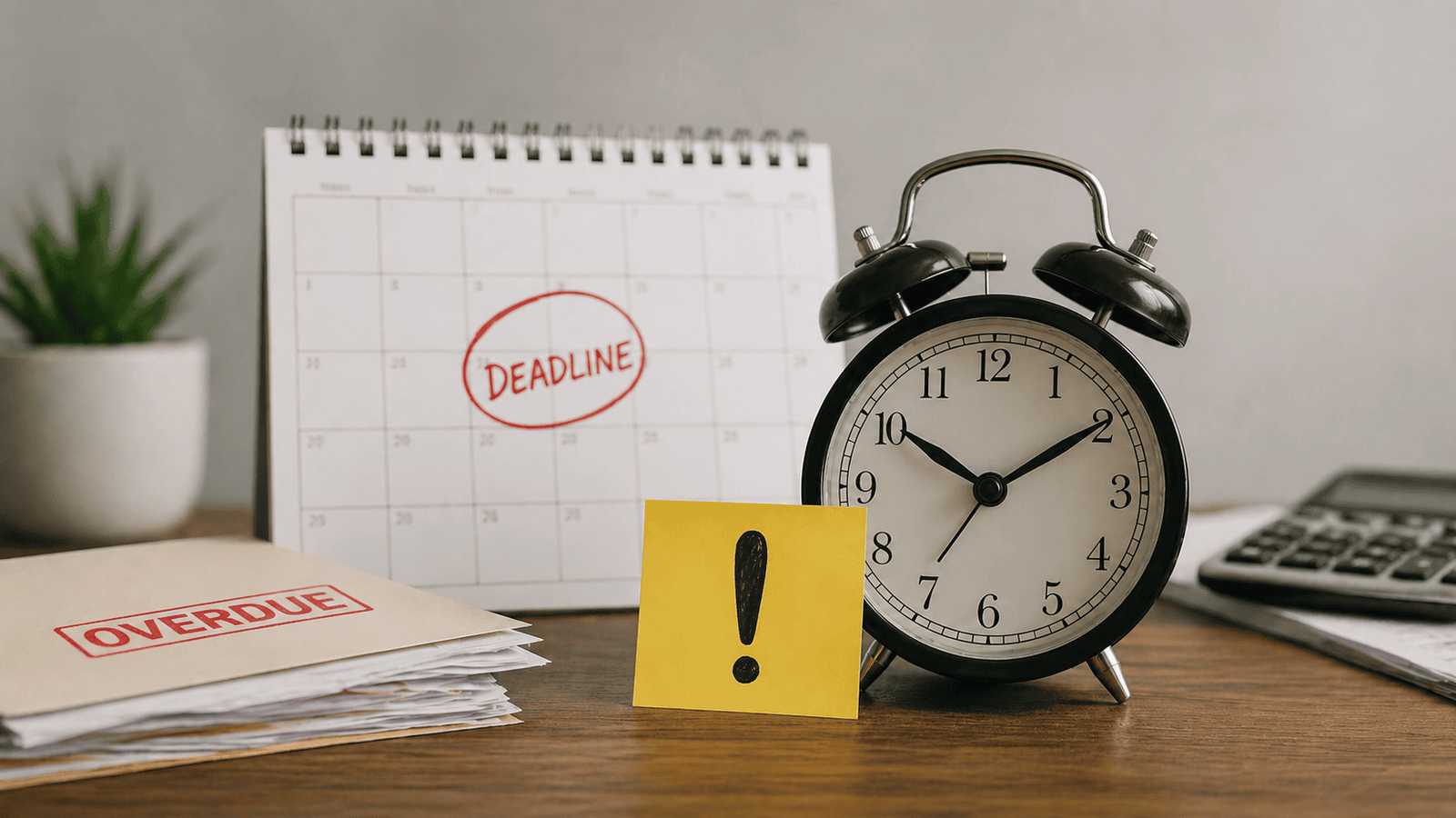Close-up of an alarm clock beside a desk calendar with a deadline circled and overdue documents stacked nearby, representing penalties and financial consequences of missing tax filing deadlines for business owners in Canada.