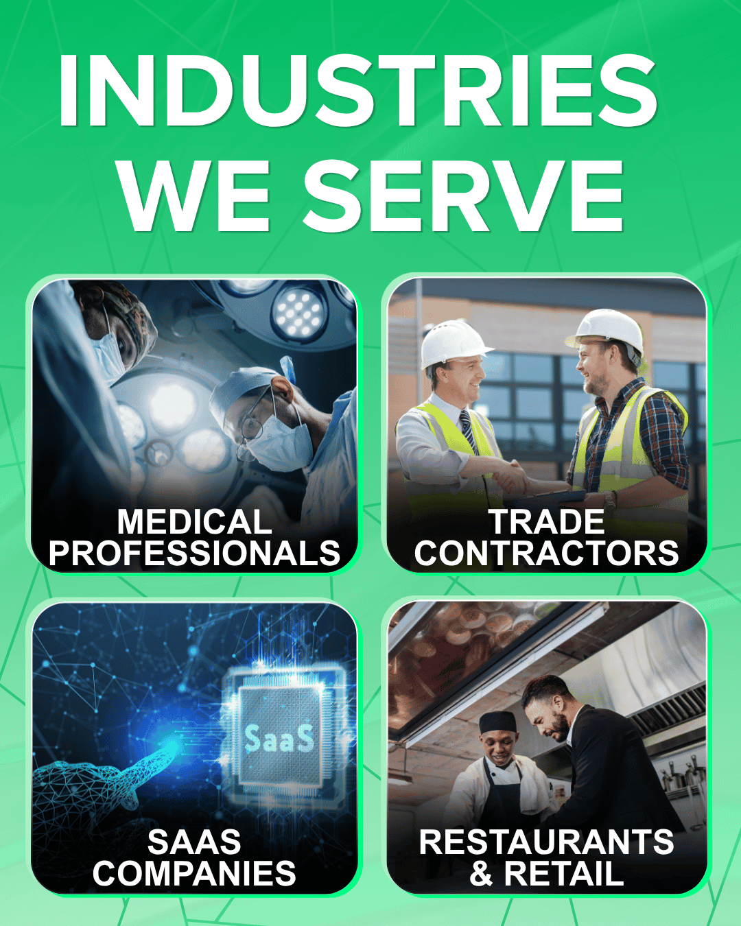 Industries served by Bhundhoo Tax including medical professionals, trade contractors, SaaS companies, restaurants and retail