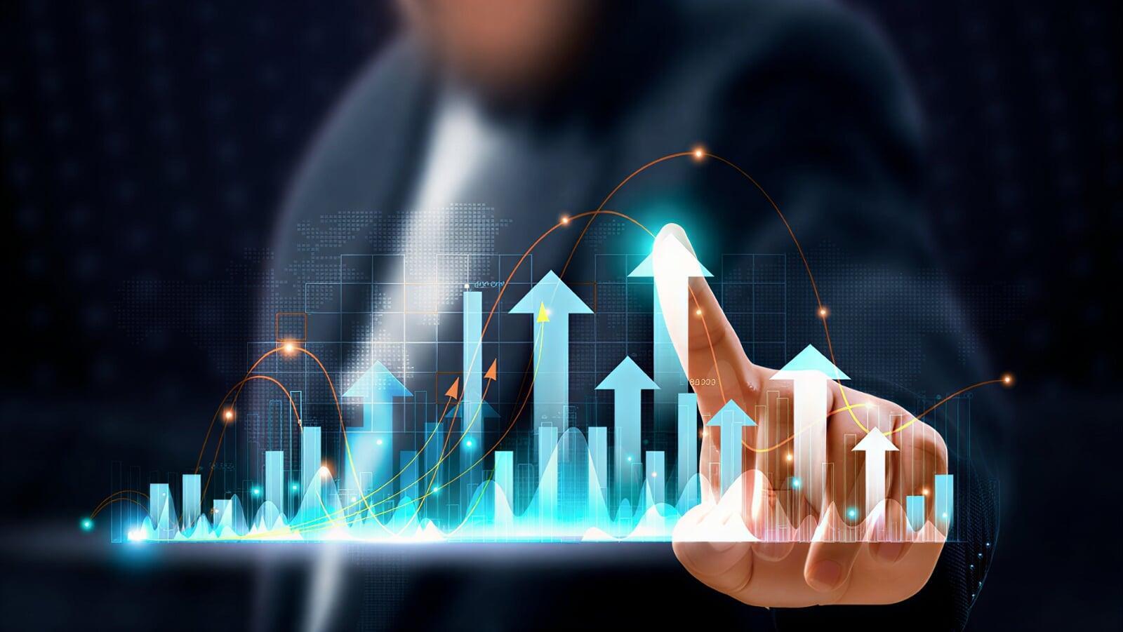Close-up of a hand interacting with a digital growth chart showing rising arrows and data trends, representing structured operations, scalability, and the transition from casual income activity to a real business.