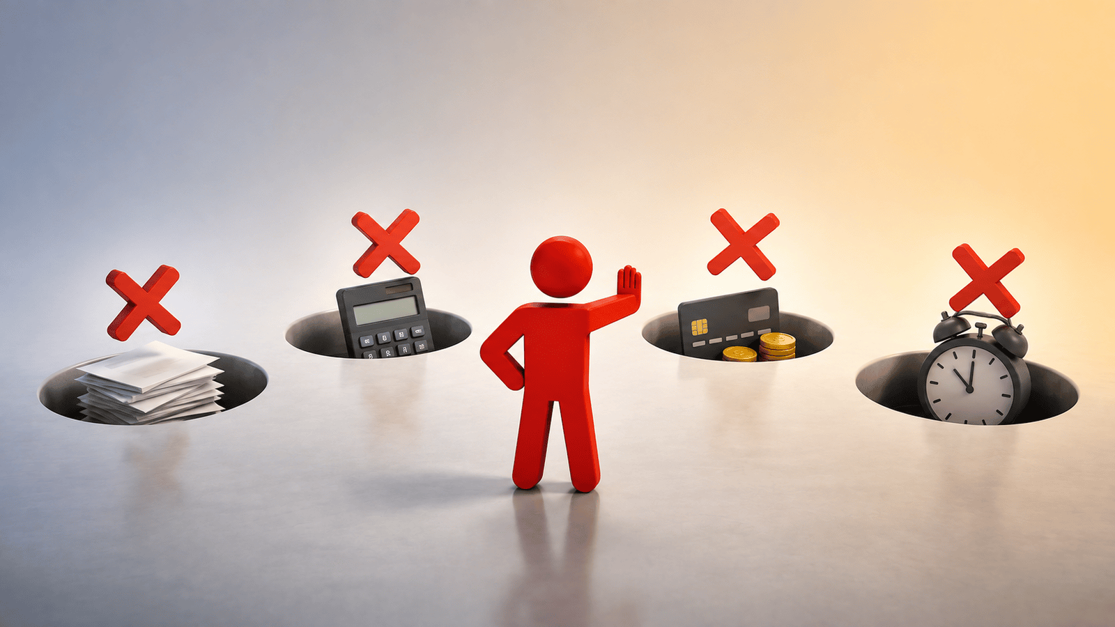 3D illustration of a red figure stopping before four hazards marked with red X symbols, including paperwork, a calculator, payment methods, and a clock, representing the common mistakes that can worsen overdue CRA tax obligations for Canadian businesses.
