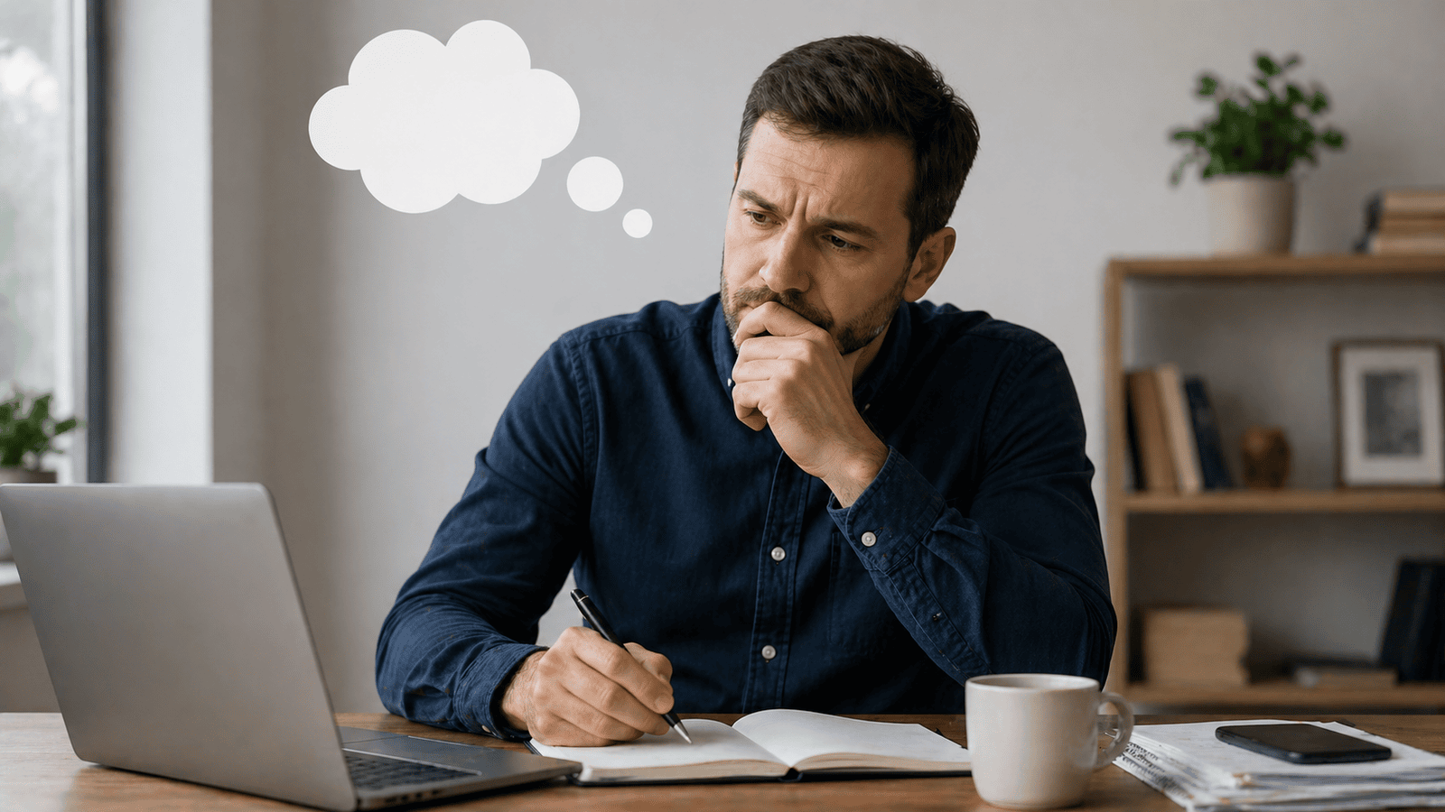 Close-up of a business owner sitting at a desk with a laptop and notebook, thinking through tasks with a focused expression, representing the importance of taking the right actions to meet tax obligations for business owners in Canada.