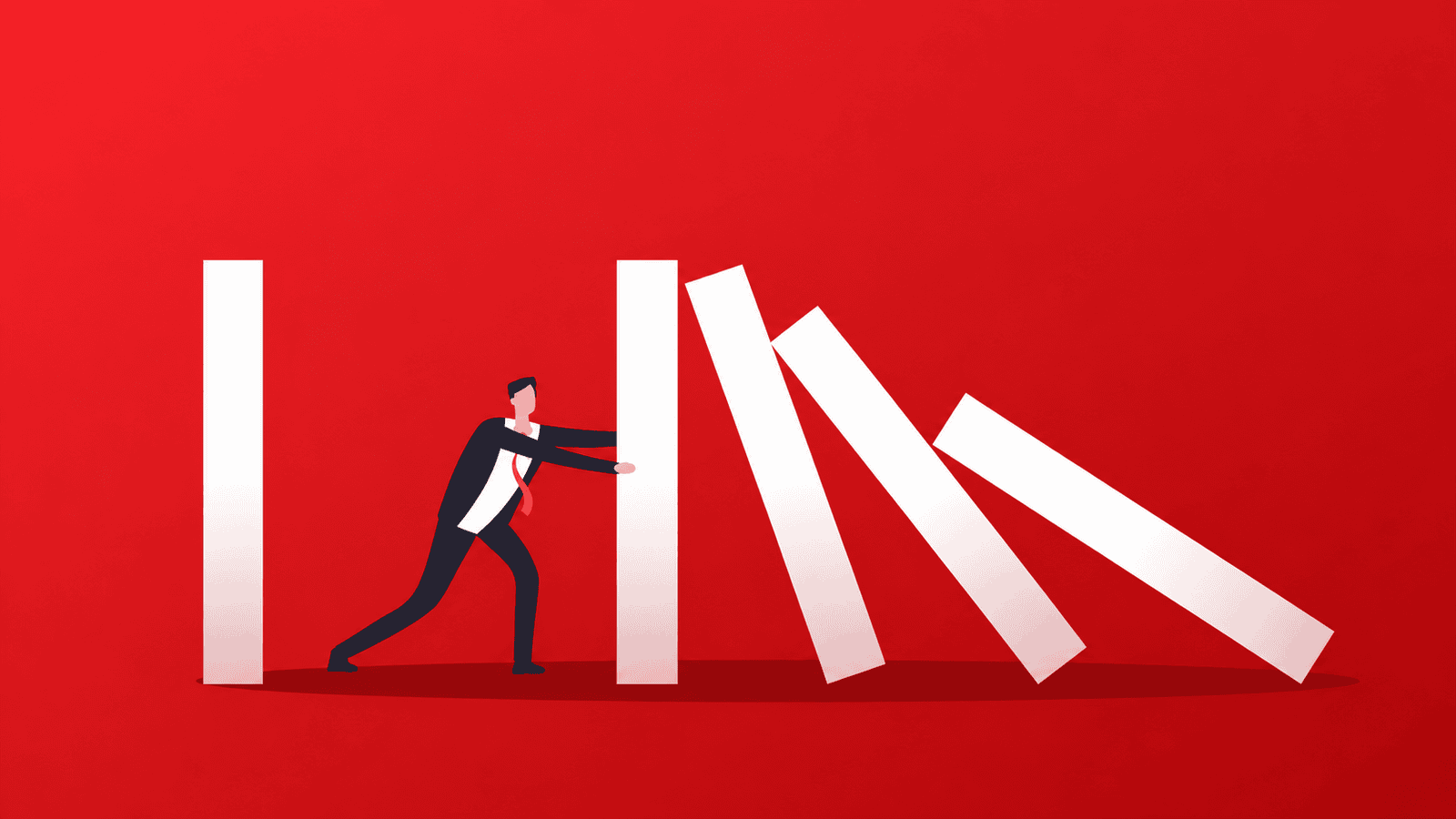 Illustration of a business professional stopping a row of falling dominoes against a red background, symbolizing how avoiding common bookkeeping mistakes helps Canadian businesses prevent costly tax errors and maintain CRA compliance.