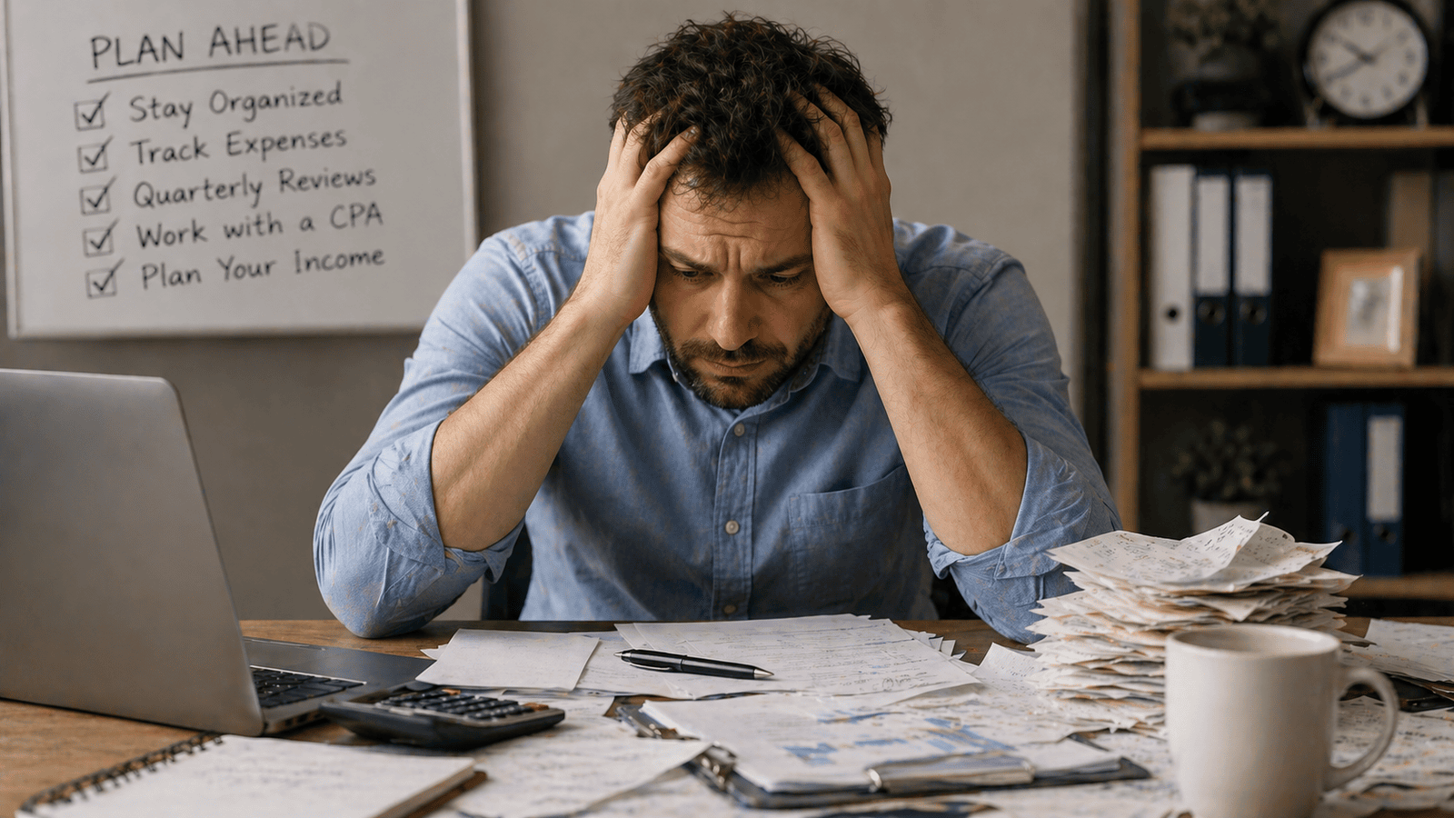 Close-up of a stressed business owner sitting at a cluttered desk with scattered papers and receipts, representing the pressure of poor tax planning and the need for better organization for business owners in Canada.