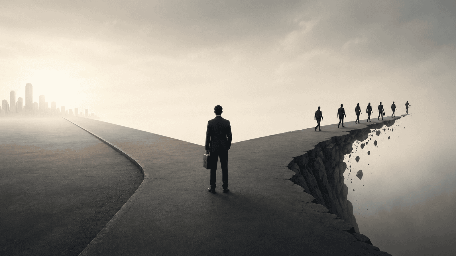Conceptual image of a business professional standing at a crossroads, with one path leading toward opportunity and another collapsing near the edge, symbolizing the difficult point where many people give up before progress appears.
