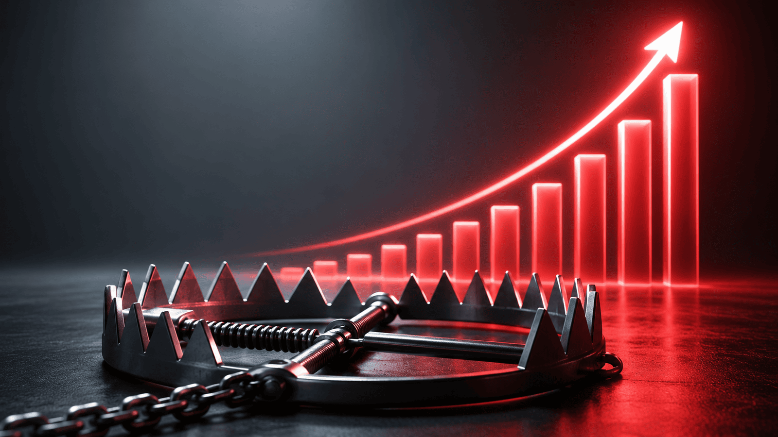 Conceptual image of a metal trap positioned in front of a glowing upward price chart, illustrating how delaying necessary price increases can create long-term challenges and trap business owners in low-profit client relationships.