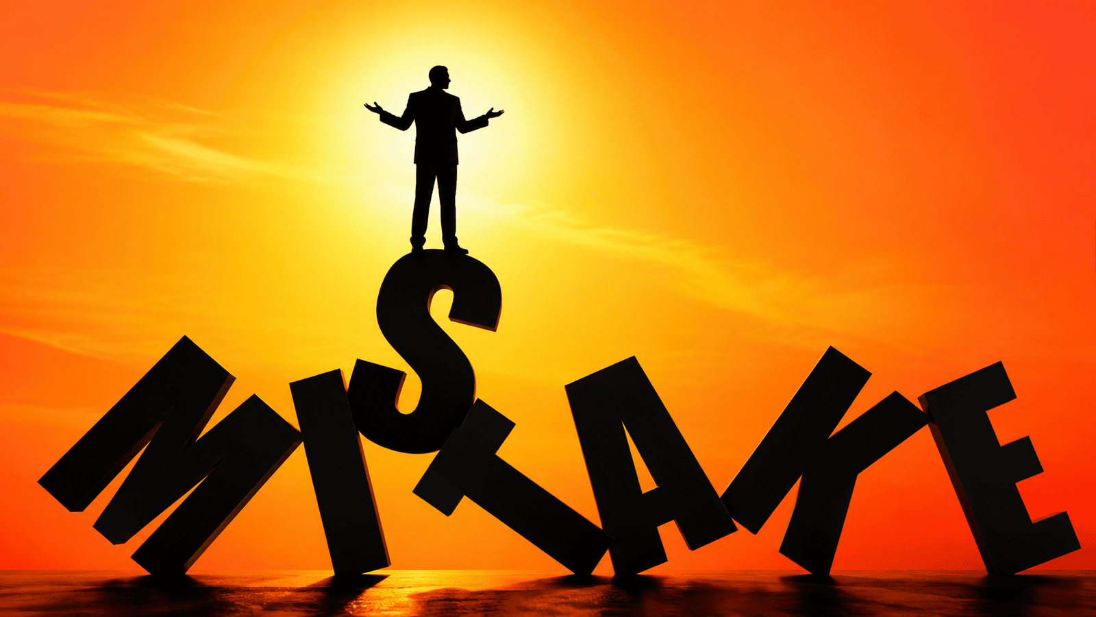 Silhouette of a business owner standing on collapsing letters spelling “Mistake,” symbolizing the costly tax errors and missed planning opportunities that affect small businesses in London, Ontario.