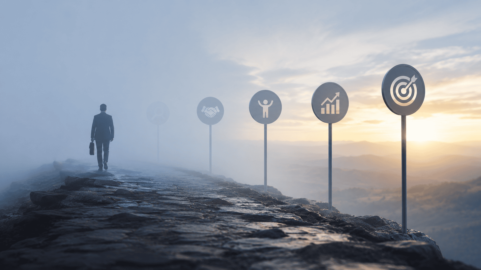 Conceptual image of a business professional walking through fog toward gradually clearer milestone signs, symbolizing hidden progress, growing momentum, and signs of success becoming more visible over time.