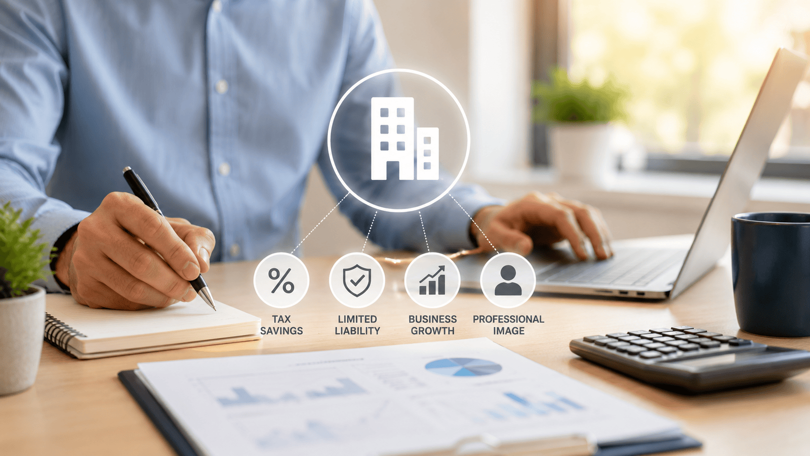 Business professional reviewing financial plans on a laptop with incorporation icons representing tax savings, limited liability, business growth, and long-term tax planning for small businesses in London, Ontario.