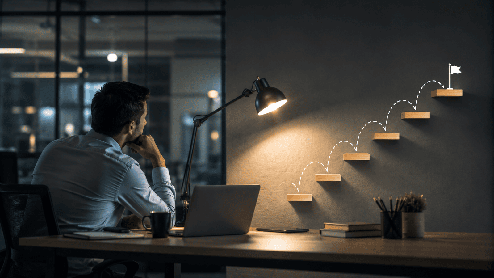 Conceptual image of a business professional sitting at a desk late at night, looking toward small upward steps leading to a flag, symbolizing patience, consistency, and staying committed when business progress feels slow