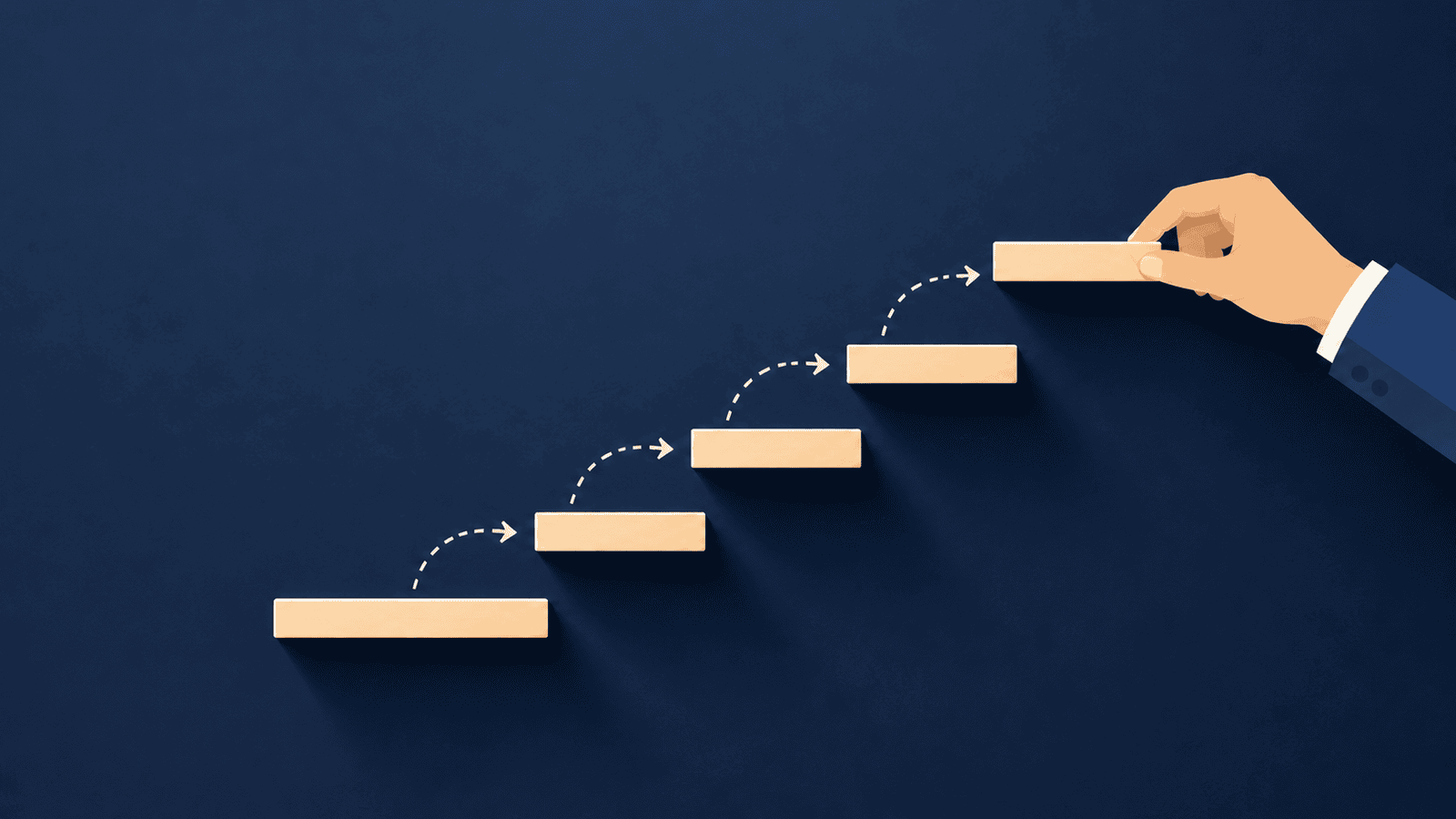Minimalist illustration of a hand placing the final step onto an upward staircase, representing practical actions and steady improvements that help strengthen business cash flow over time
