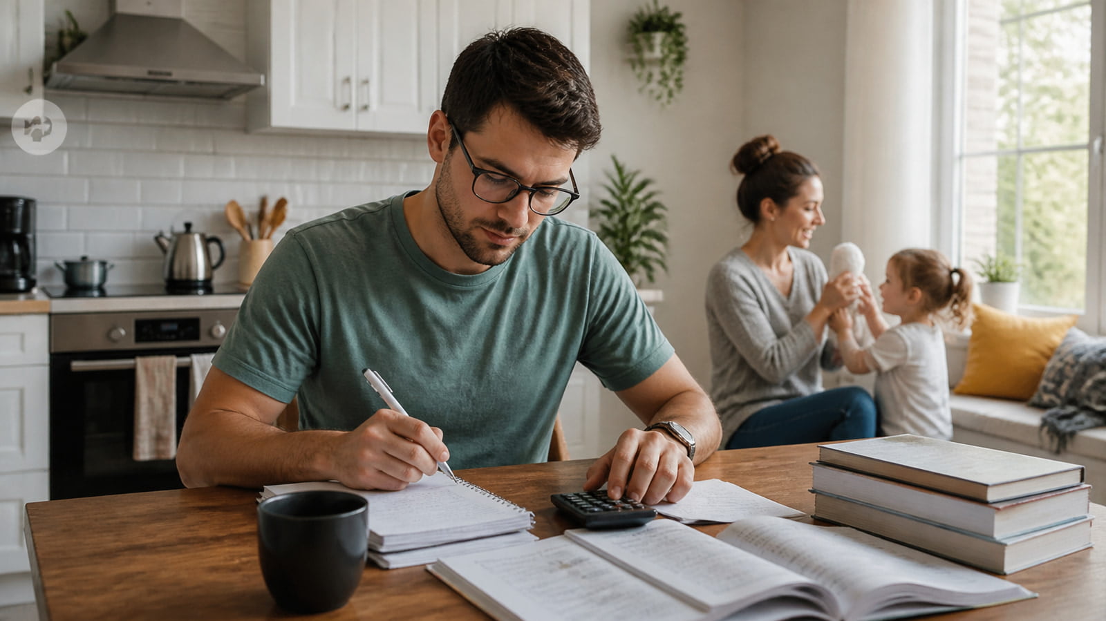 Illustrative adult accounting student balancing study and family life
