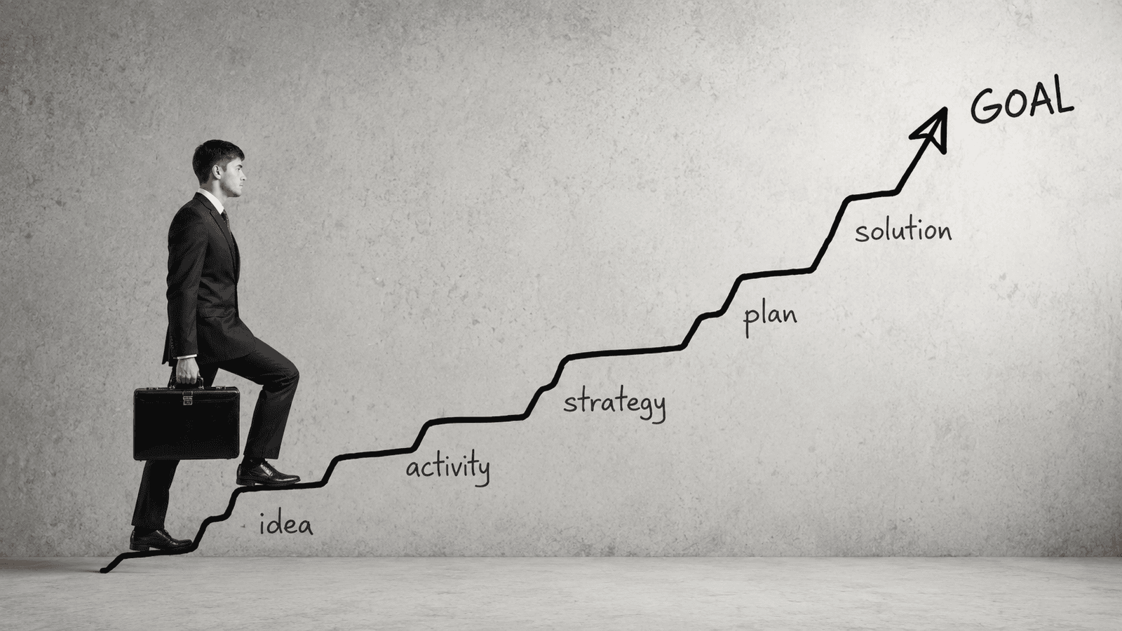 Business professional climbing a step-by-step path toward a goal, illustrating the gradual process of moving from ideas and planning to structured action, solutions, and business growth.