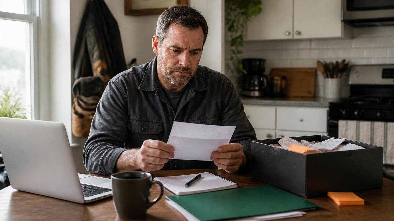 Business owner reviewing overdue tax paperwork beside a shoebox of receipts