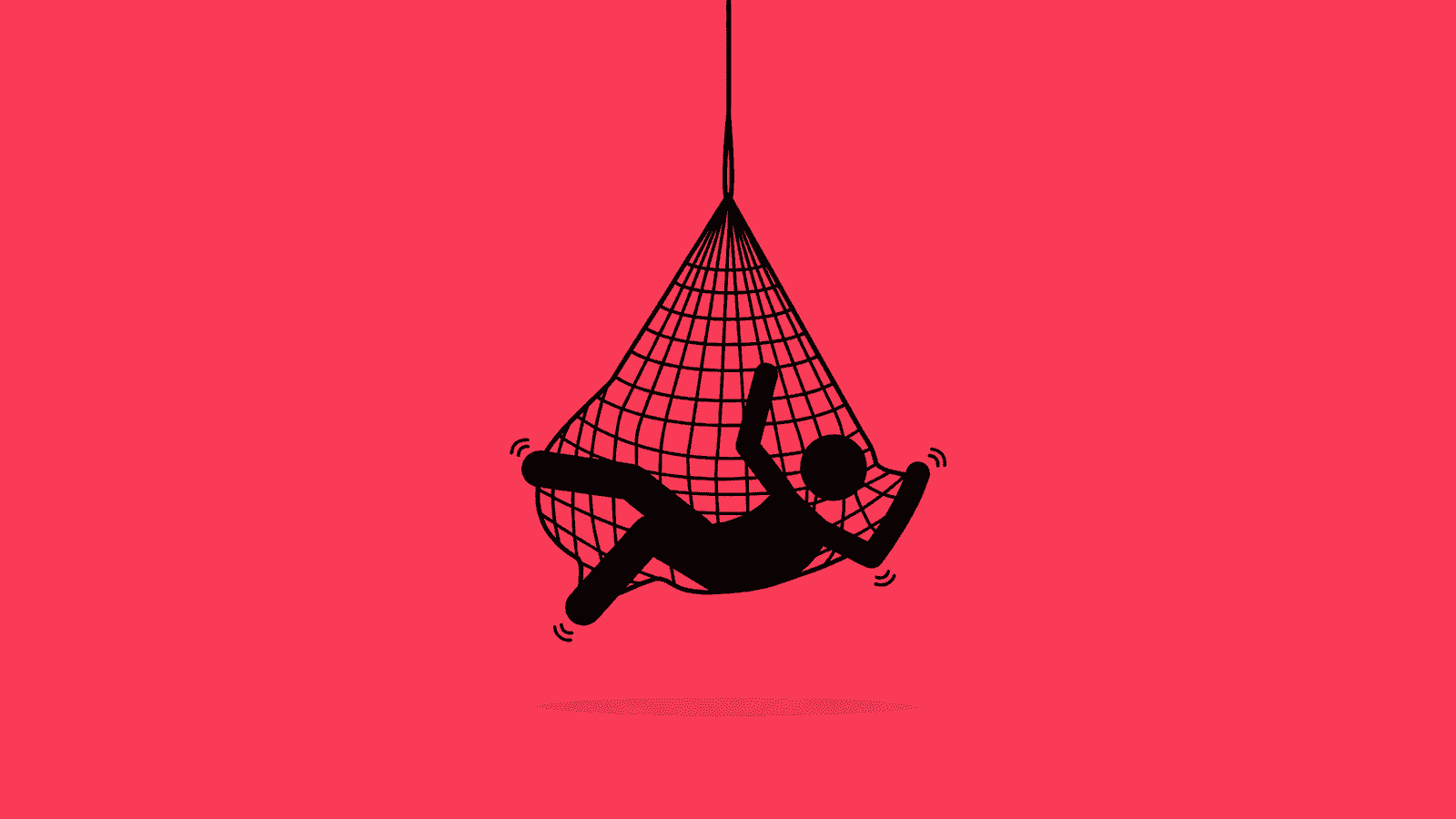 Minimalist illustration of a person trapped inside a hanging net against a bright background, symbolizing the stress, overwhelm, and limitations that come from trying to handle every business responsibility alone.