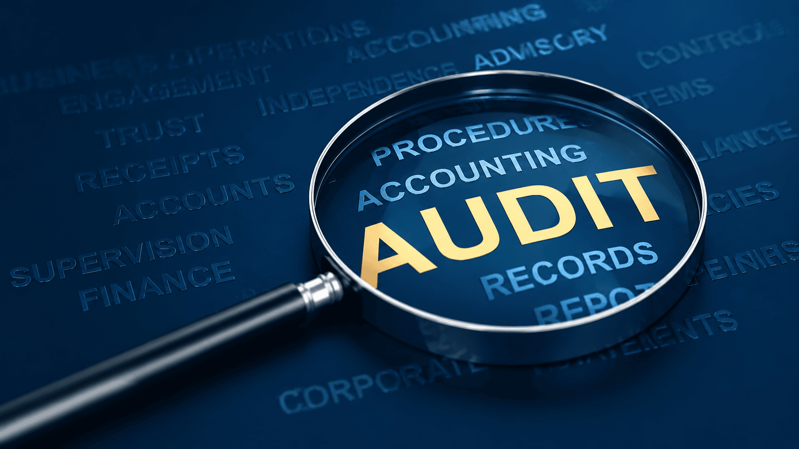 Close-up of a magnifying glass highlighting the word "AUDIT" on a dark blue accounting background, symbolizing the importance of accurate financial records, bookkeeping, and CRA audit readiness for Canadian businesses.