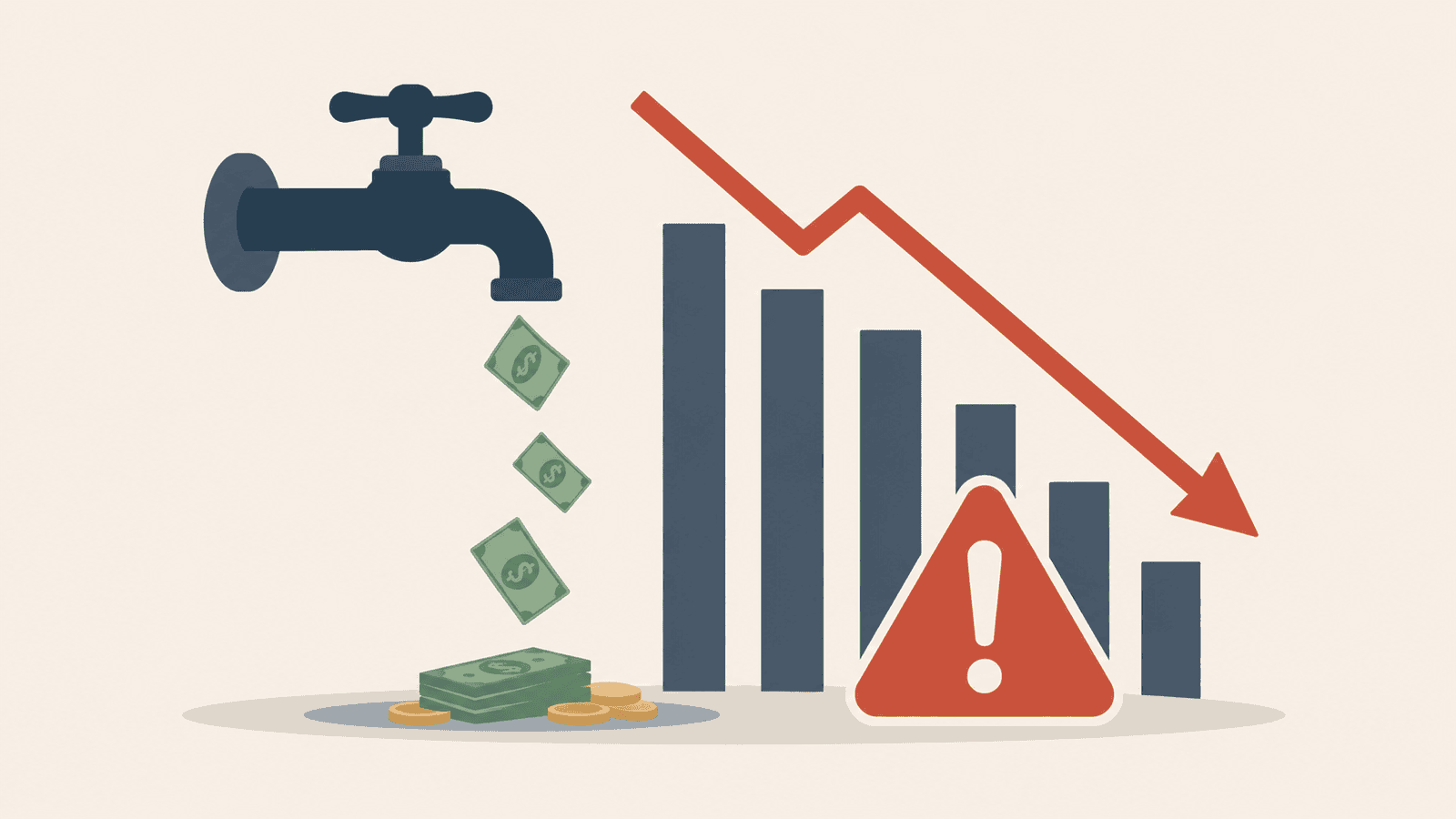 Flat illustration of a leaking faucet dropping money beside a declining chart and warning symbol, representing financial red flags and early warning signs that can negatively impact business cash flow