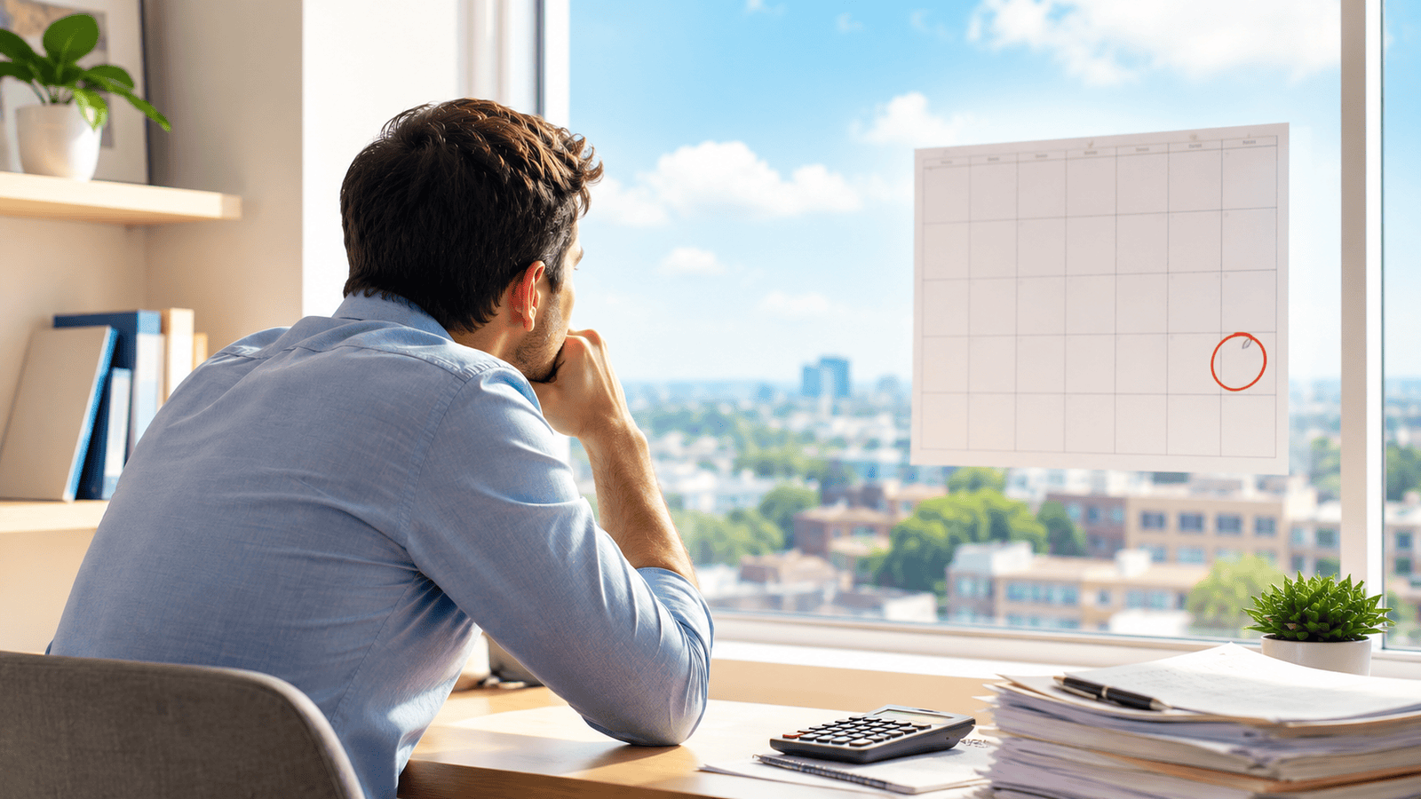 Business owner looking out an office window at a marked calendar, illustrating how delaying tax planning until filing season can reduce valuable tax-saving opportunities for small businesses in London, Ontario.